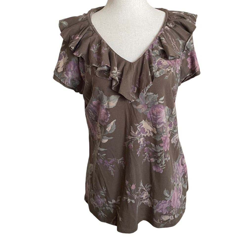 Lauren Ralph Lauren Brown Purple Floral Ruffle Top Large Cotton Old Money Preppy
